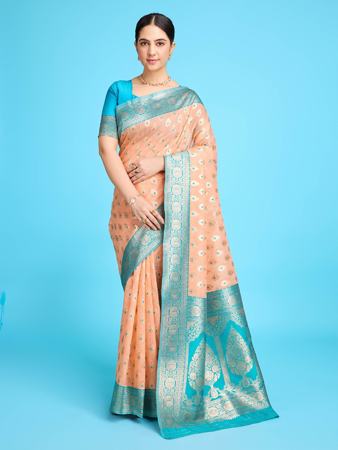 

Kriyansh Woven Design Zari Pure Linen Banarasi Saree, Peach