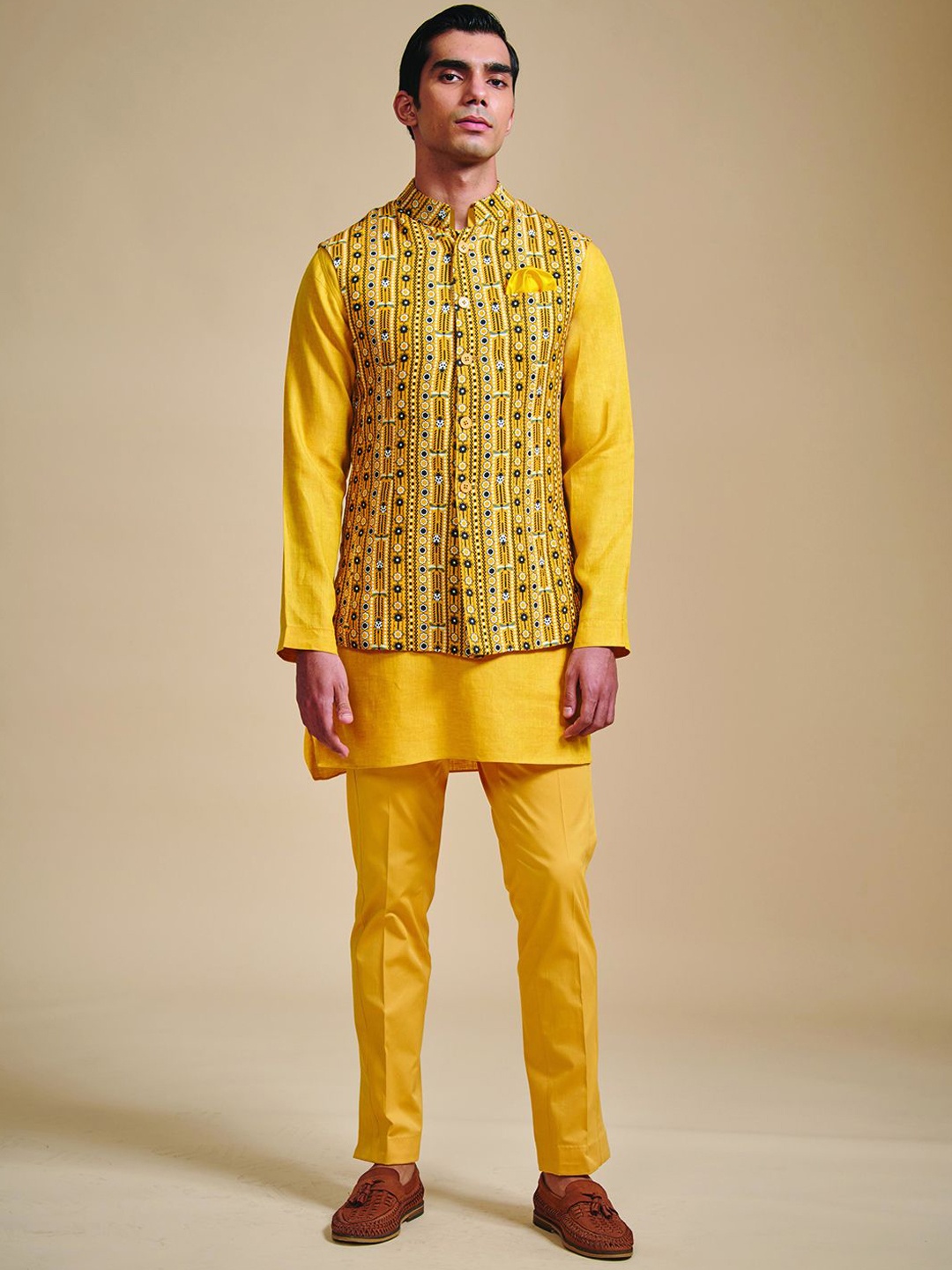 

RR Blue Printed Linen Mandarin Collar Nehru Jacket, Mustard