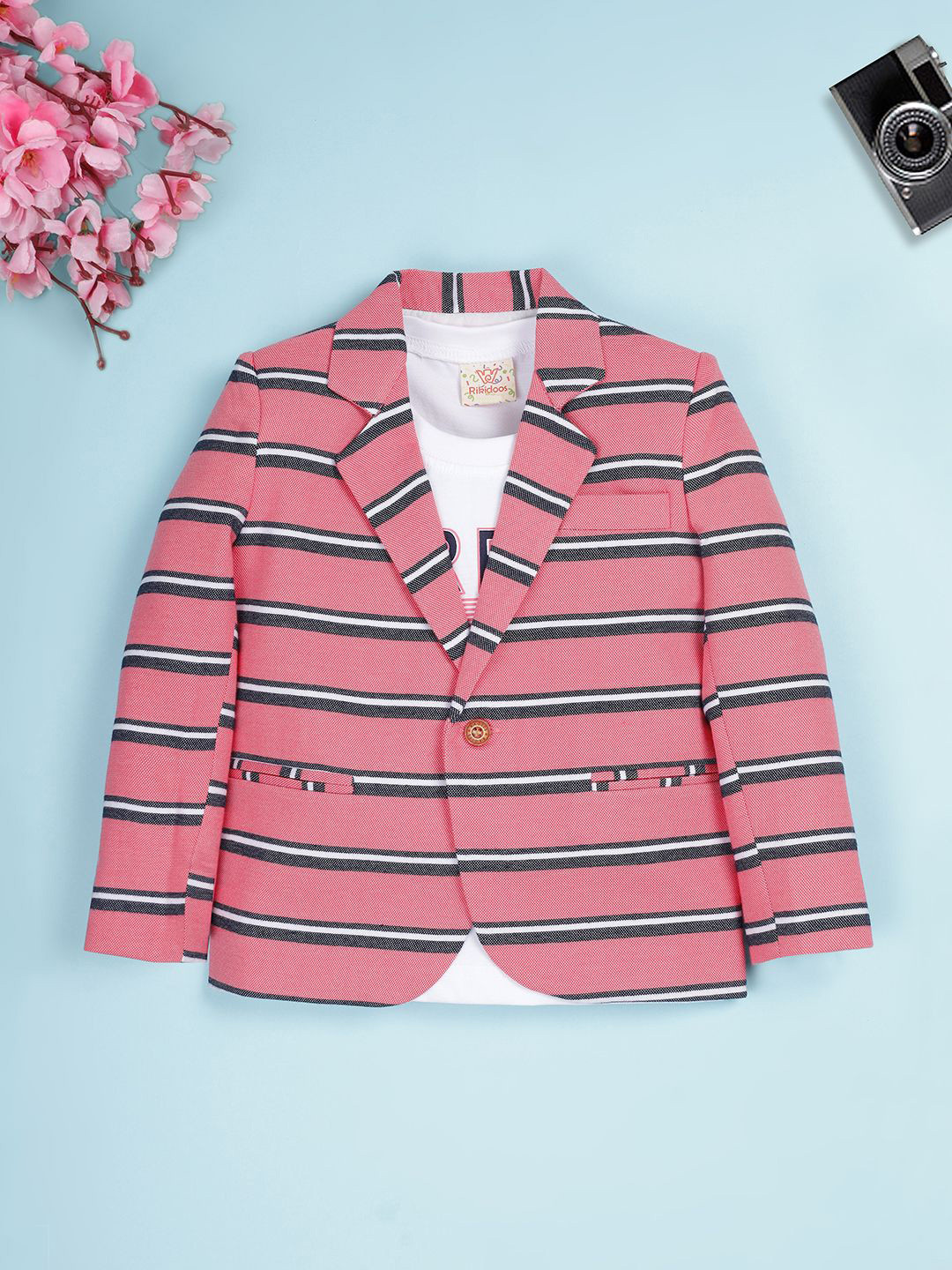 

Ridokidz Boys Striped Notched Lapel Smart-Fit Blazer With T-Shirt, Pink