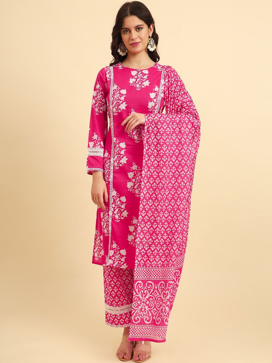 

Yufta Women Floral Printed Regular Kantha Work Pure Cotton Kurta with Trousers & With Dupatta, Pink