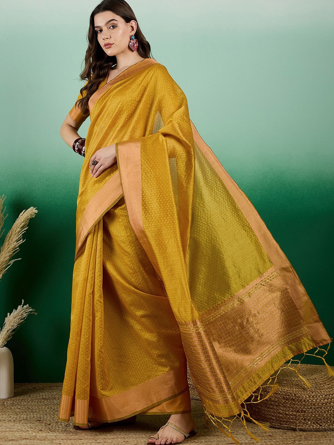 

Kalista Woven Design Organza Saree, Mustard