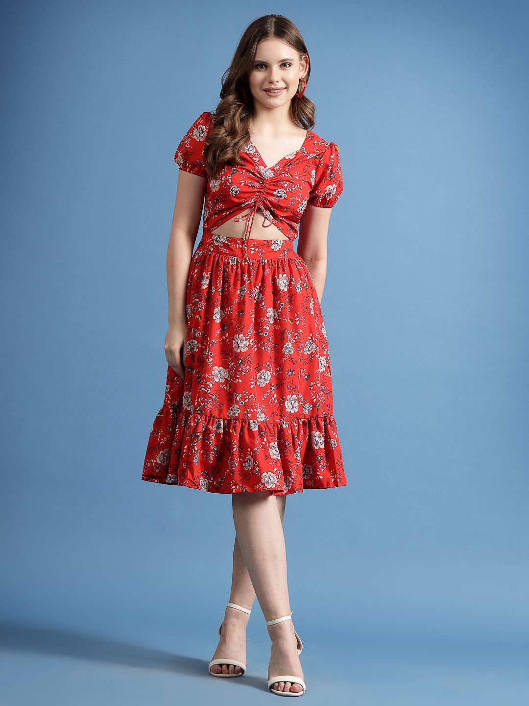 

BEING NAUGHTY Women Floral Printed V-Neck Puff Sleeve Fit & Flare Dress, Red