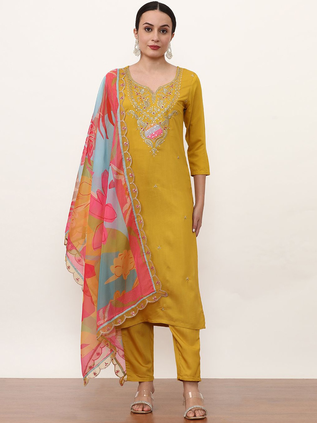 

Jaipur Kurti Women Ethnic Motifs Embroidered Regular Kurta with Trousers & With Dupatta, Yellow