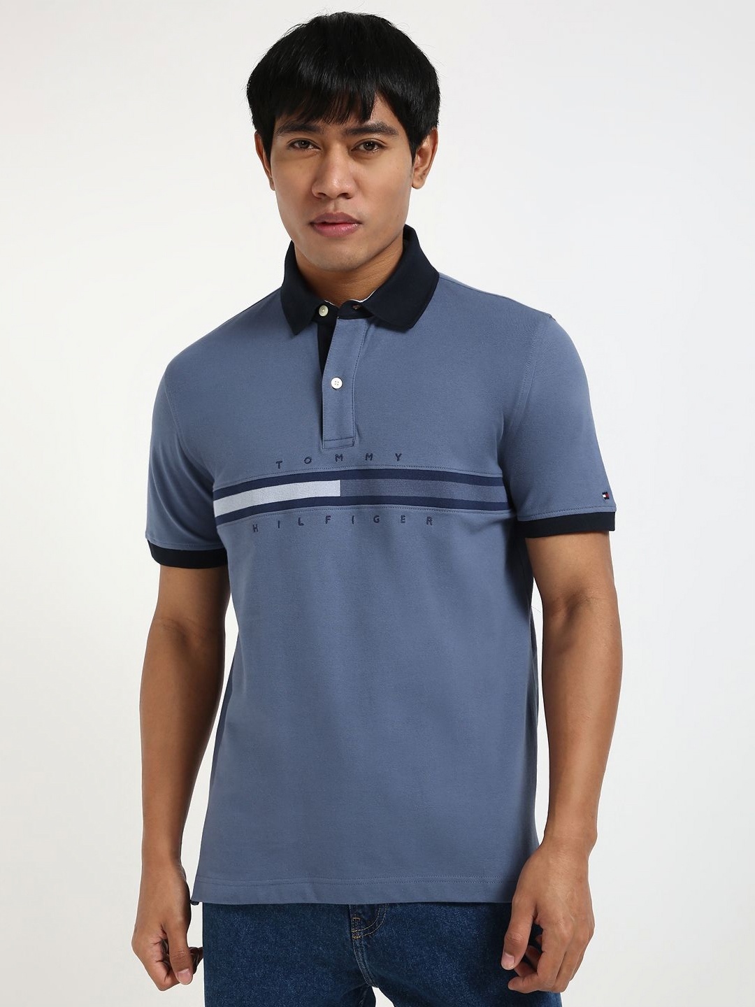 

Tommy Hilfiger Men Graphic Printed Polo Collar Cotton T-shirt, Blue