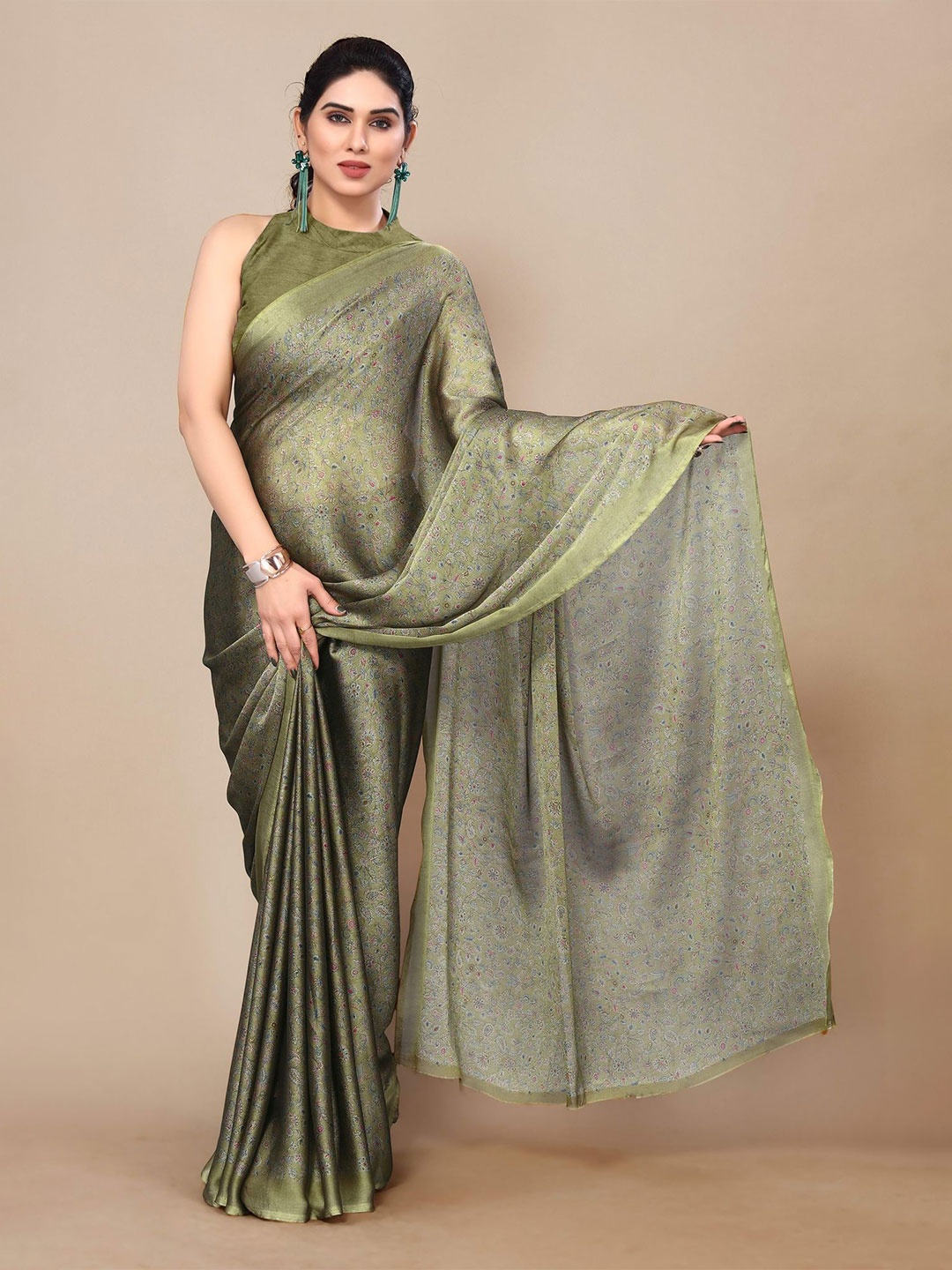 

KALINI Women Ethnic Printed Saree With Blouse Piece, Olive
