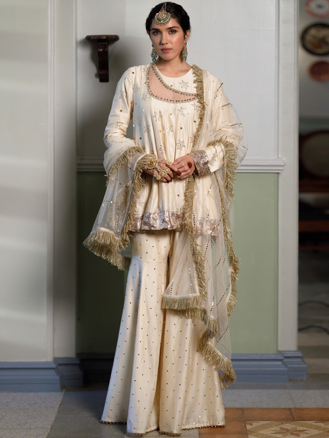 

Payal Singhal Women Embroidered Regular Kurta with Sharara & With Dupatta, Off white