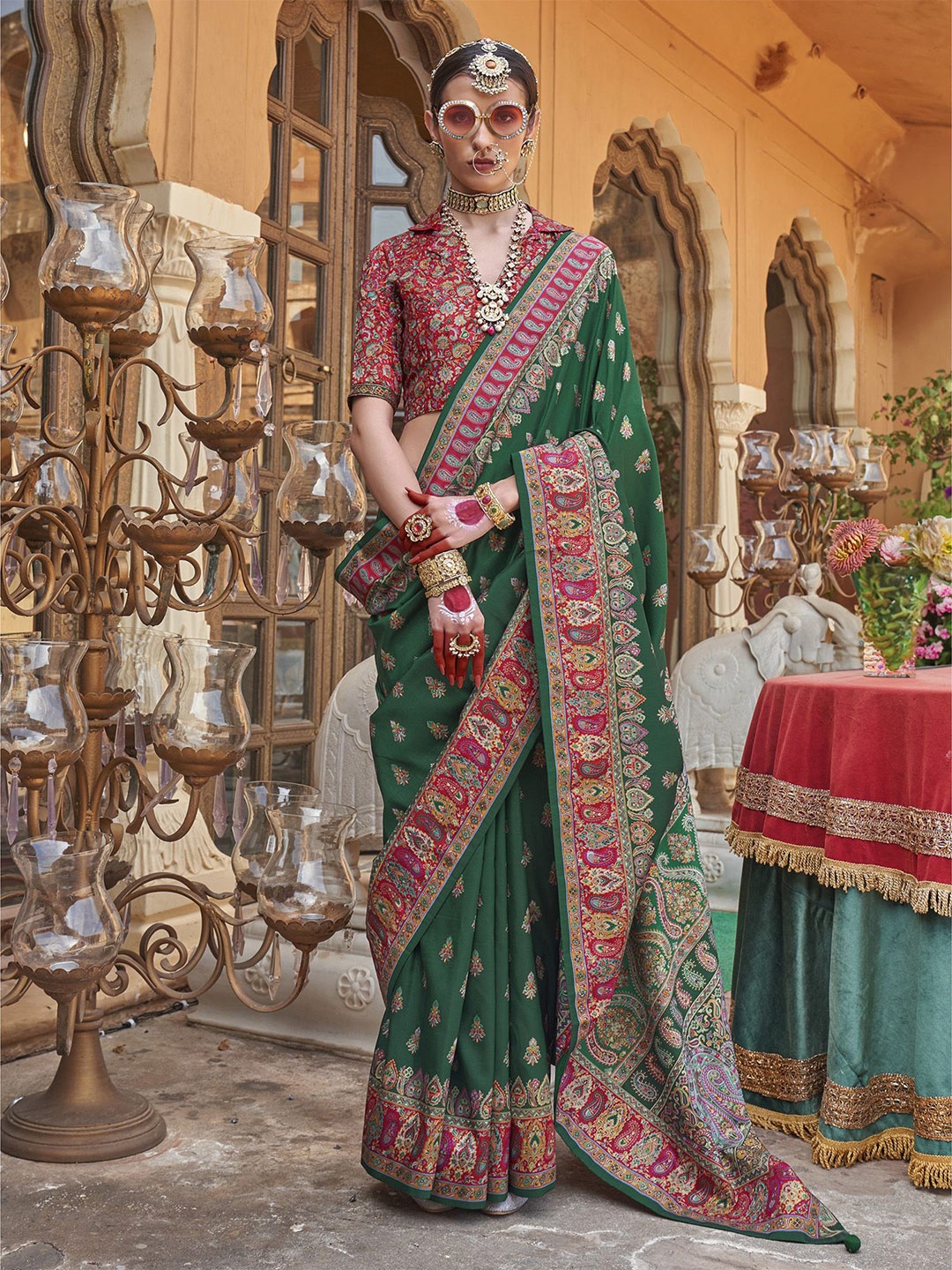 

elora Paisley Silk Blend Saree, Green