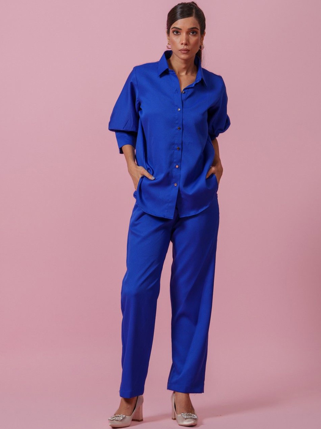 

KINA Shirt Collar Three-Quarter Sleeves Shirt With Trouser, Blue