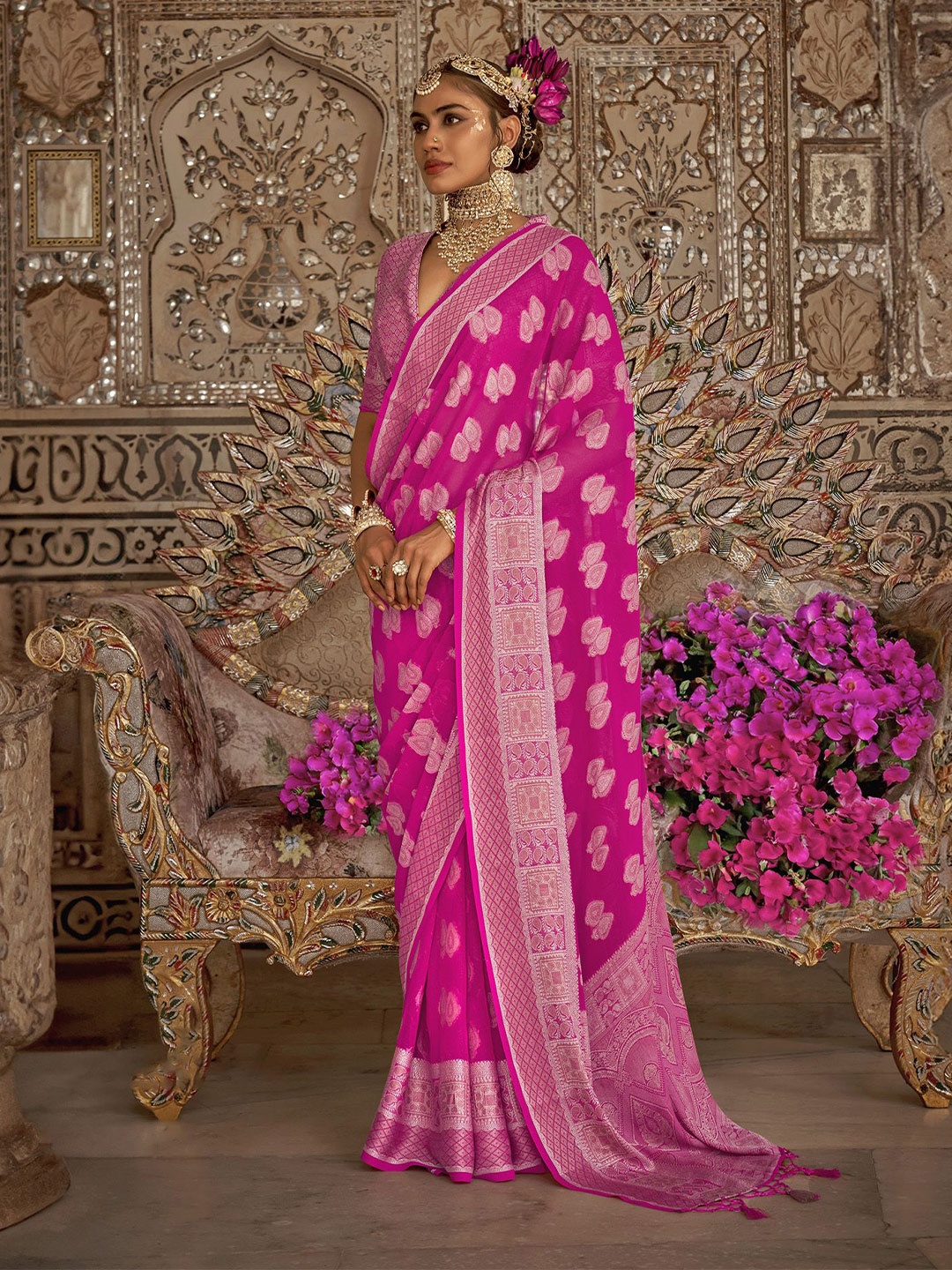 

elora Woven Design Zari Pure Georgette Banarasi Saree, Pink