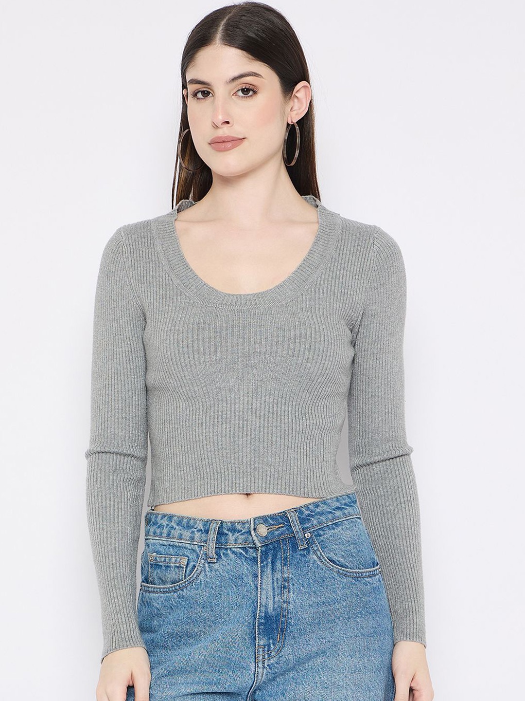 

Camey Women Round Neck Woollen Crop Pullover Sweater, Grey