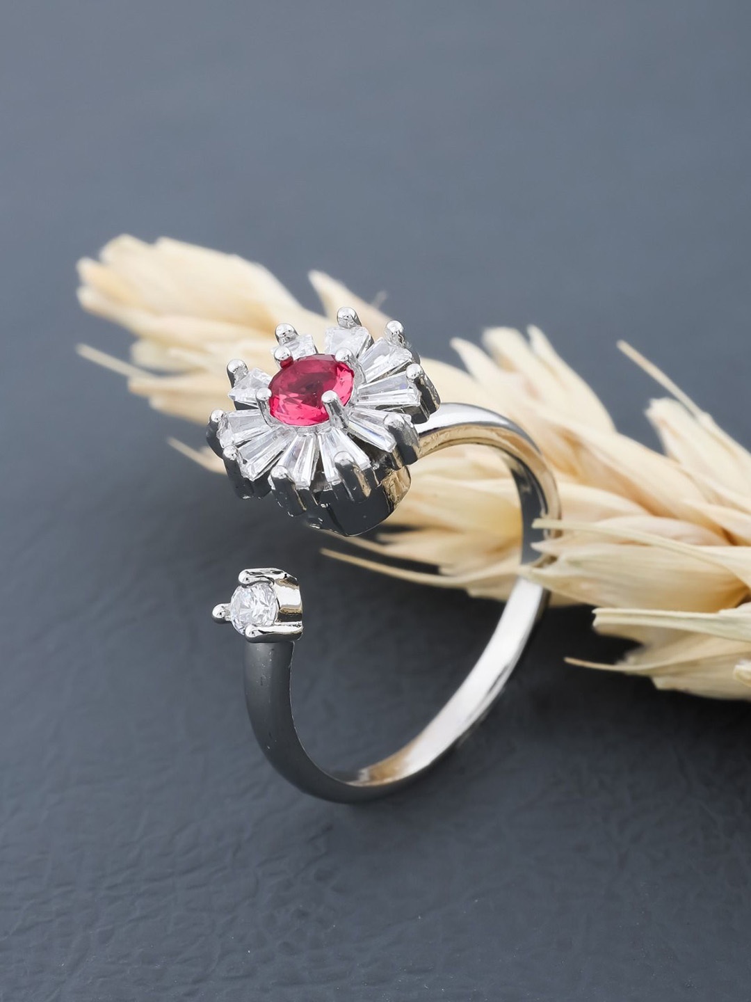 

Vyom Enterprise Silver-Plated CZ-Studded Adjustable Finger Ring