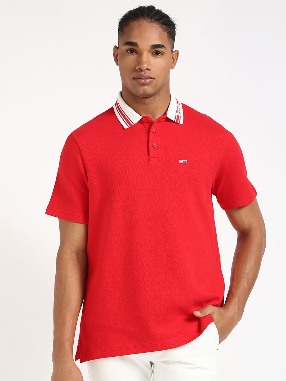 

Tommy Hilfiger Men Cotton Solid Polo Collar T-shirt, Red