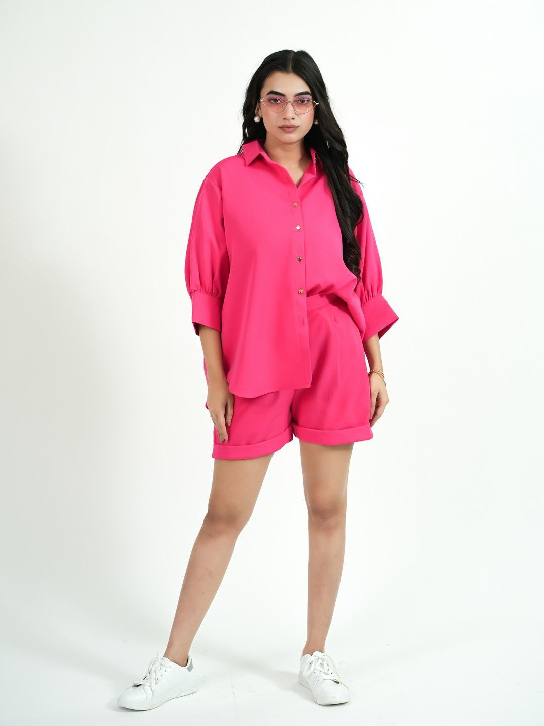 

KINA Shirt Collar Three-Quarter Sleeves Shirt With Shorts, Pink