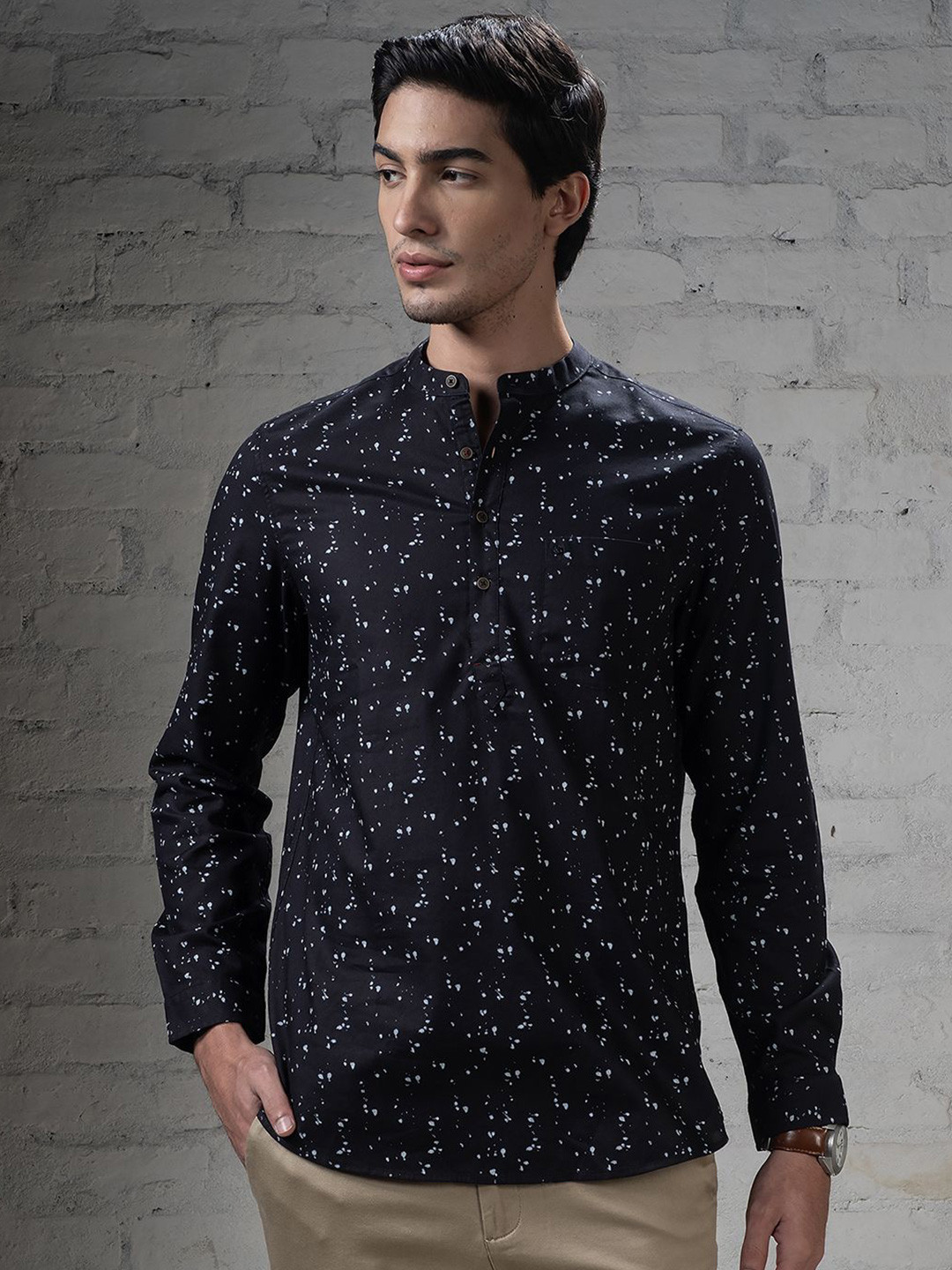 

Turtle Men Relaxed Band Collar Abstract Printed Cotton Casual Shirt, Black