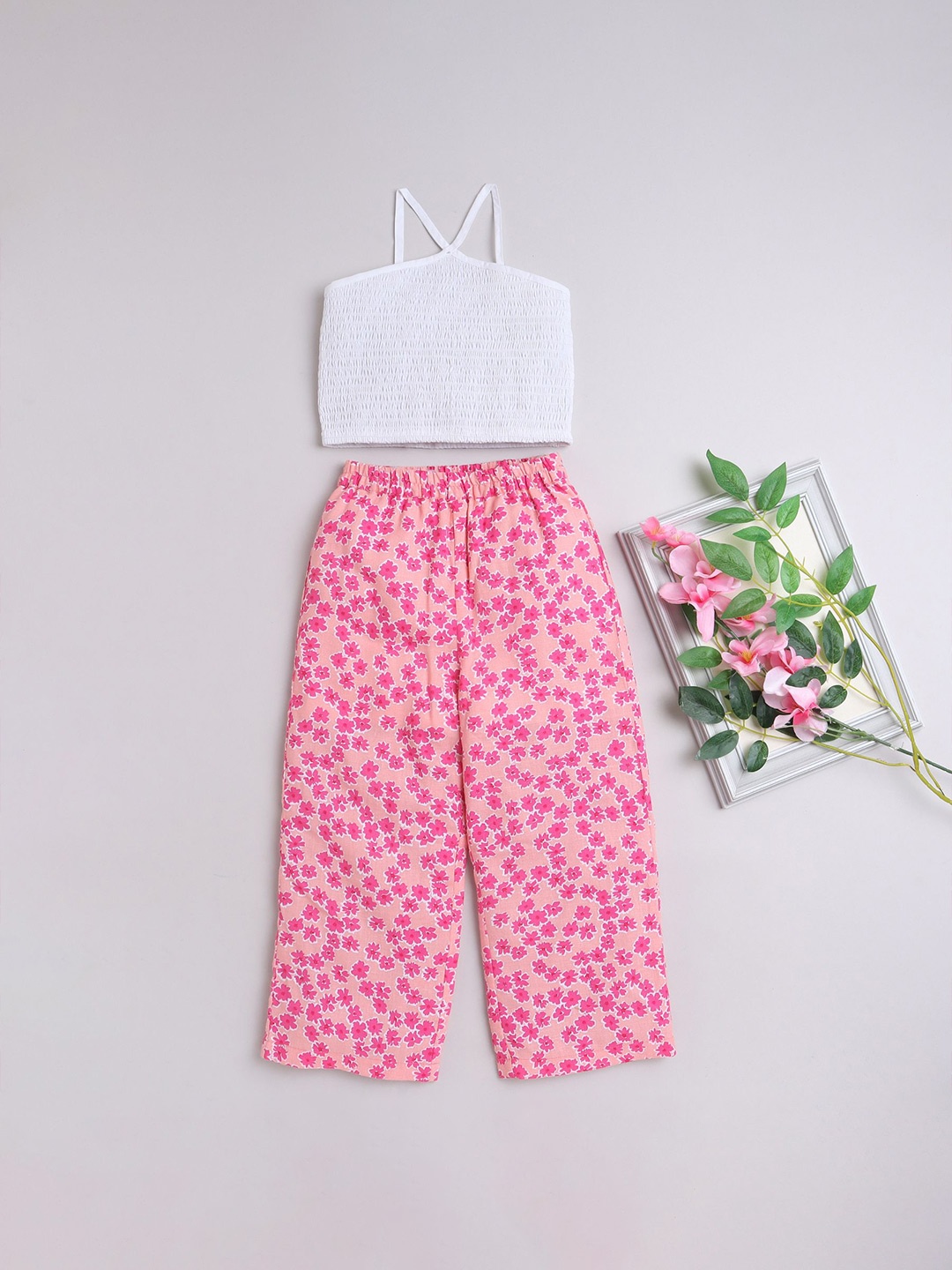 

taffykids Girls Halter Neck Pure Cotton Top with Trousers, White