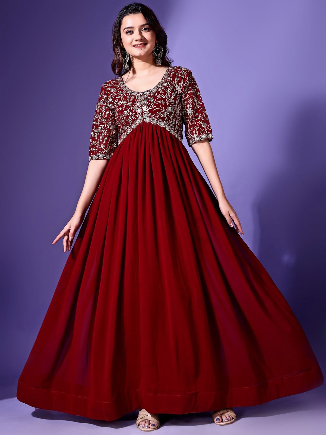 

YOYO Fashion Embroidered Fit & Flare Ethnic Dress, Maroon