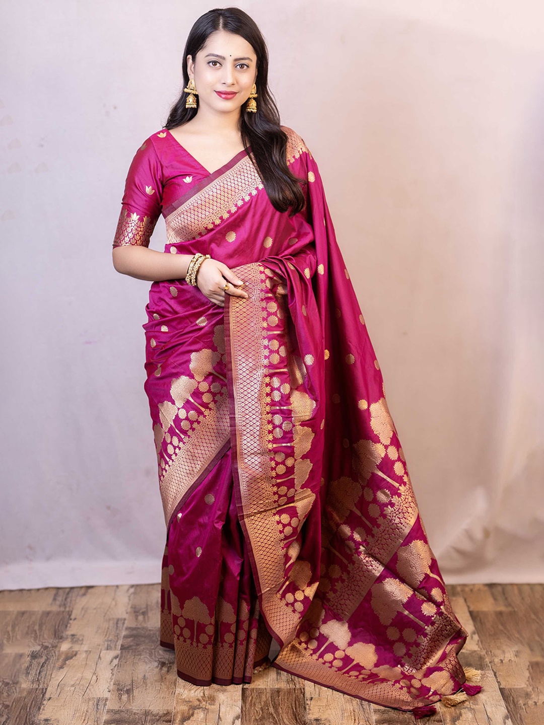 

Panzora Woven Design Zari Silk Blend Banarasi Saree, Pink