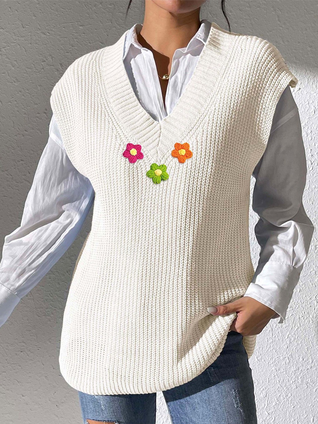 

StyleCast Women Embroidered Sweater Vest with Embroidered Detail, White