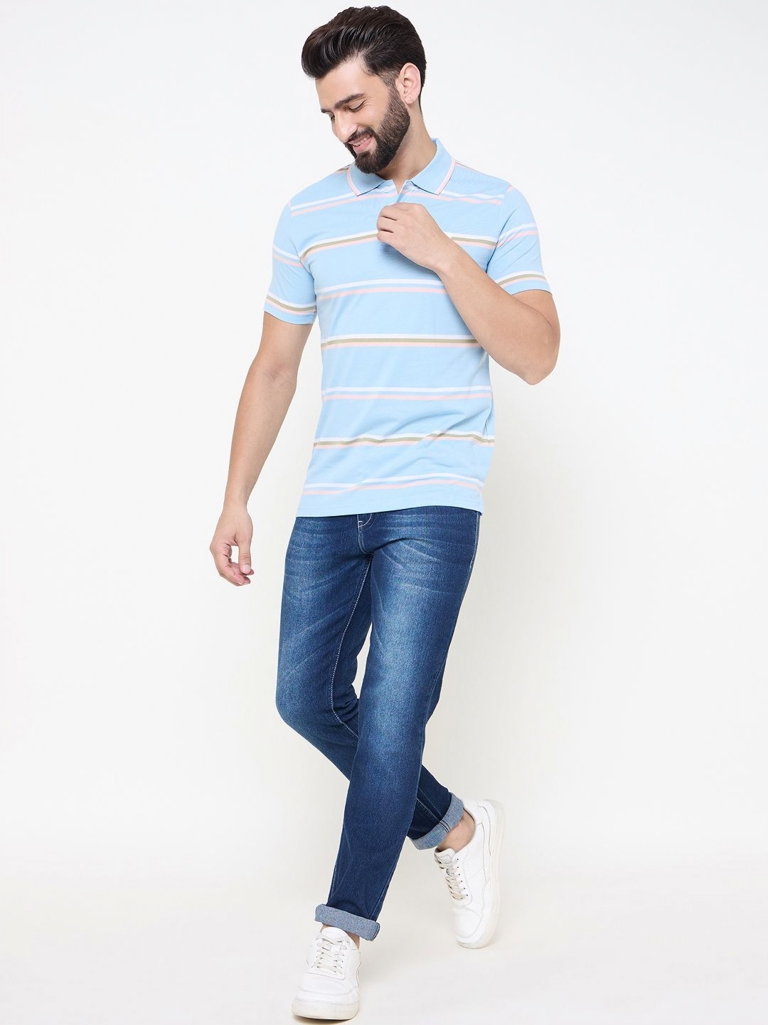 

Duke Men Striped Polo Collar T-shirt, Blue