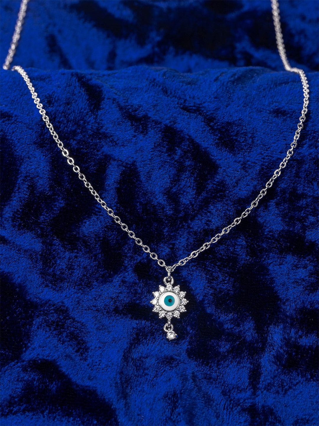 

Silverfied 925 Sterling Silver Rhodium-Plated Stone Studded Evil Eye Minimal Chain