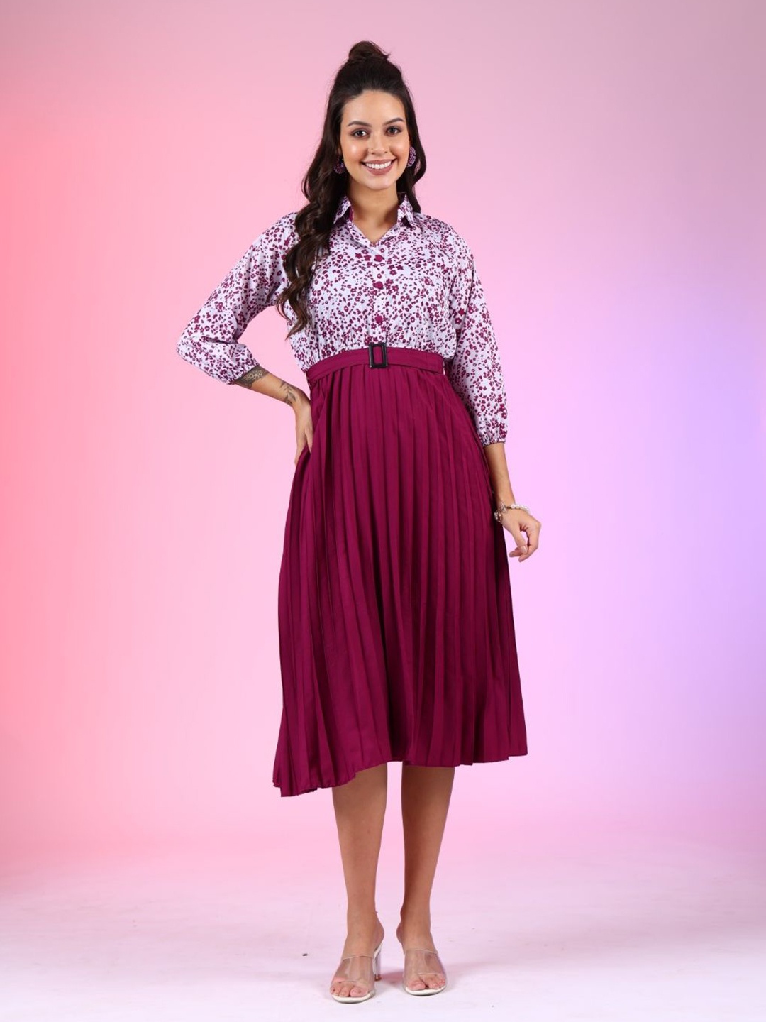 

Raiyani Enterprise Women Printed Crepe Fit & Flare Dress, Magenta