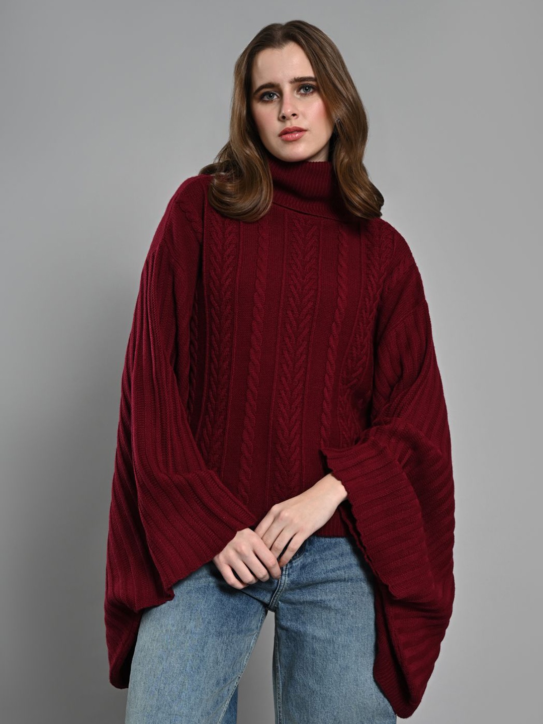 

IZEL Women Self Design Cable Knit Turtle Neck Longline Poncho Sweaters, Maroon