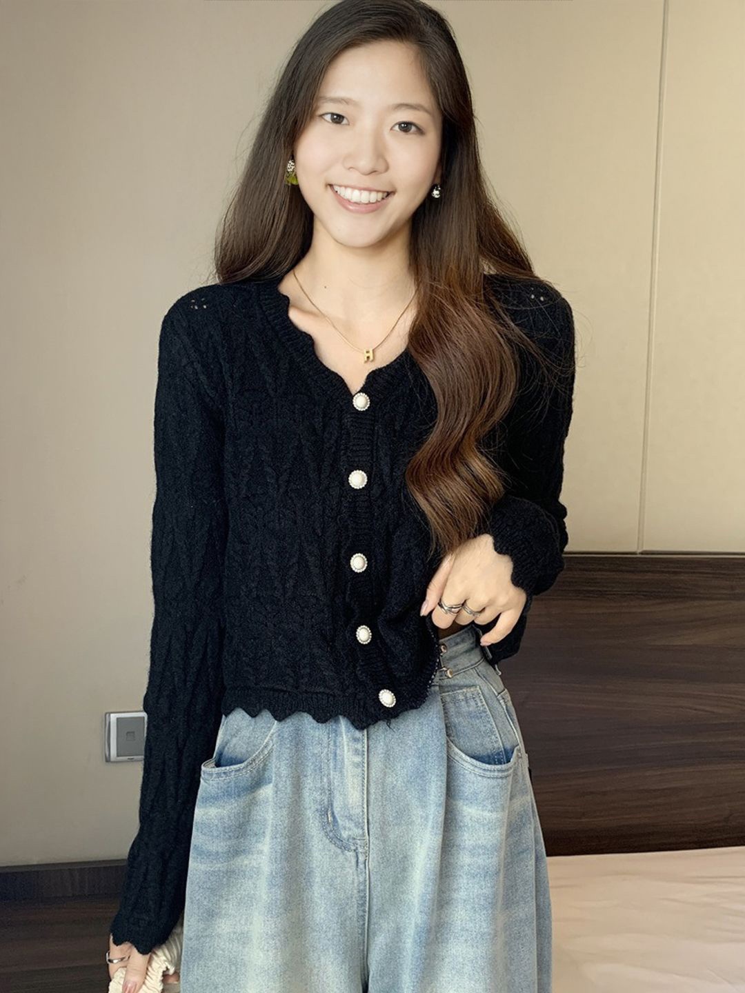 

StyleCast Women Self Design Cable Knit Cardigan, Black