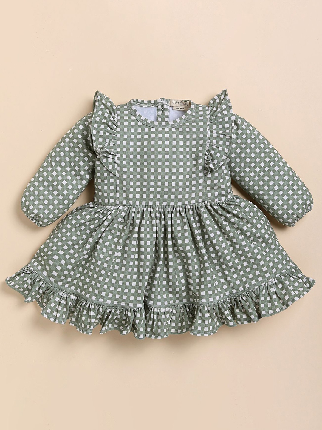 

COT & CANDY Girls Checked Fit & Flare Dress With Ruffle Detailed, Green