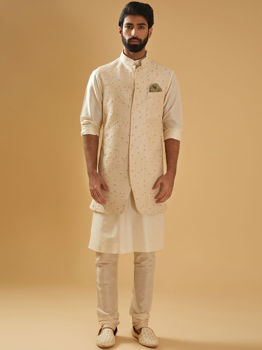 

RR Blue Embellished Longline Nehru Jacket, Off white