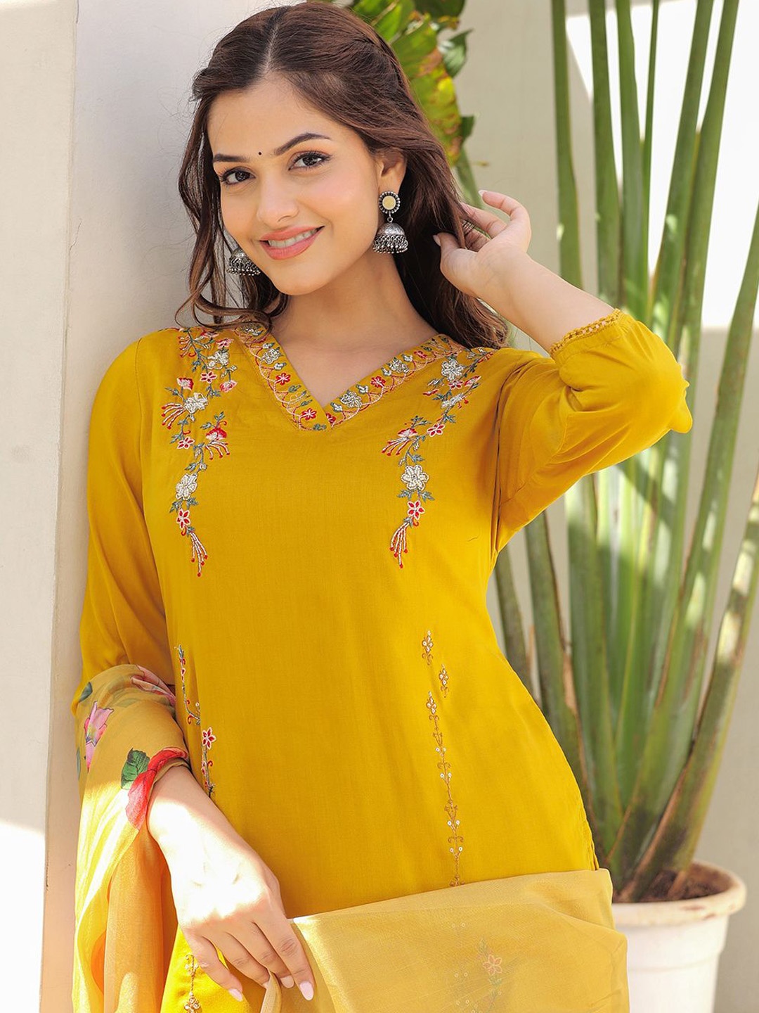 

Anouk Yellow Floral Embroidered Regular Pure Silk Kurta With Trouser With Dupatta
