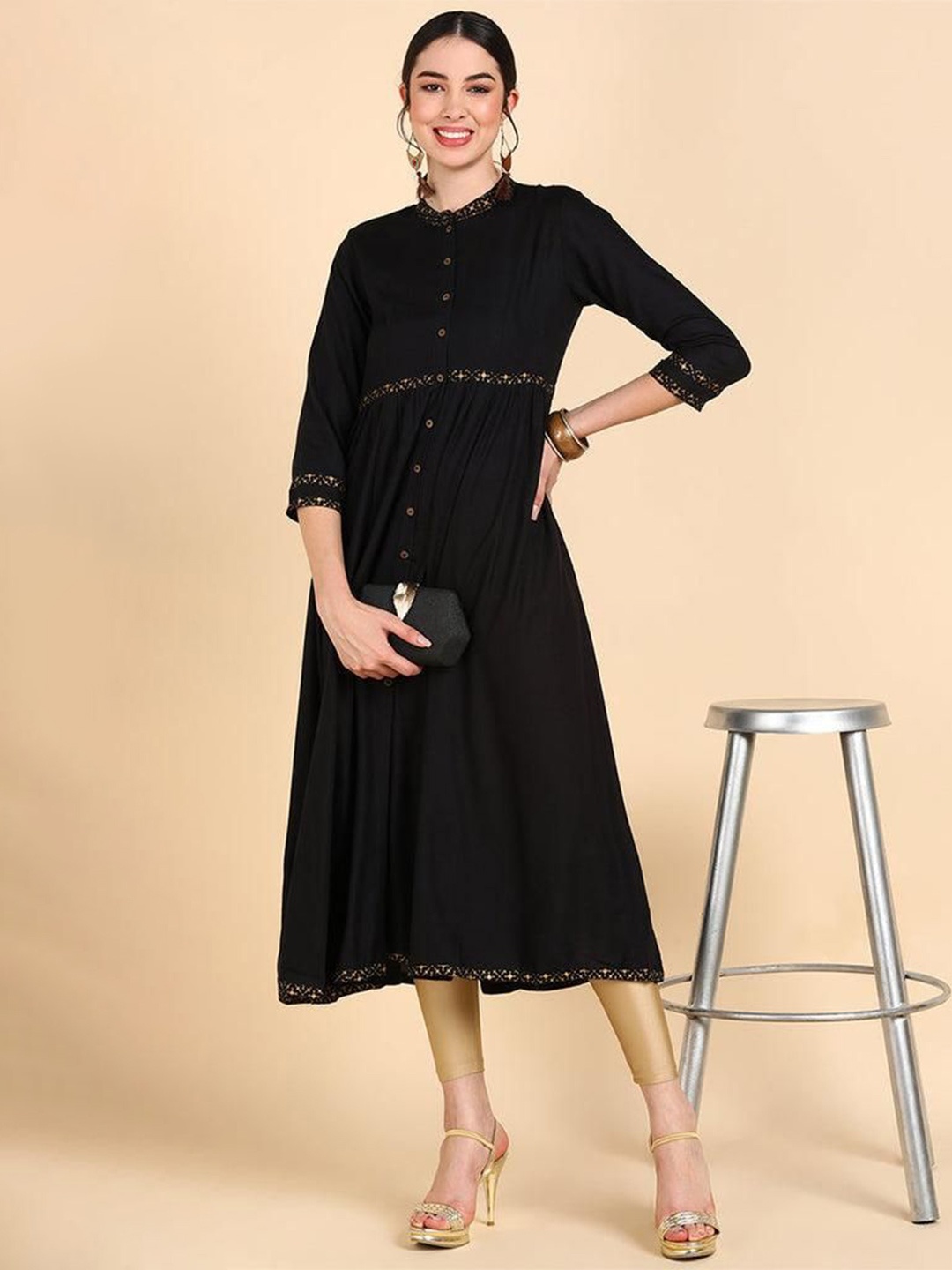 

KWEEN Pure Cotton Round Neck A-Line Kurtas, Black