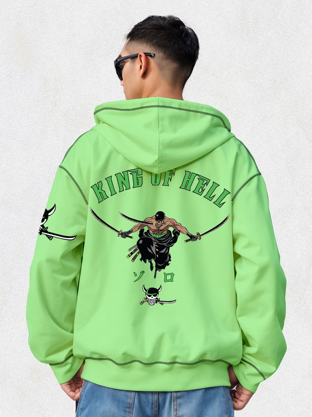 

Crazymonk Printed Anime King of Hell Oversized Fit Hooded Sweatshirt, Green