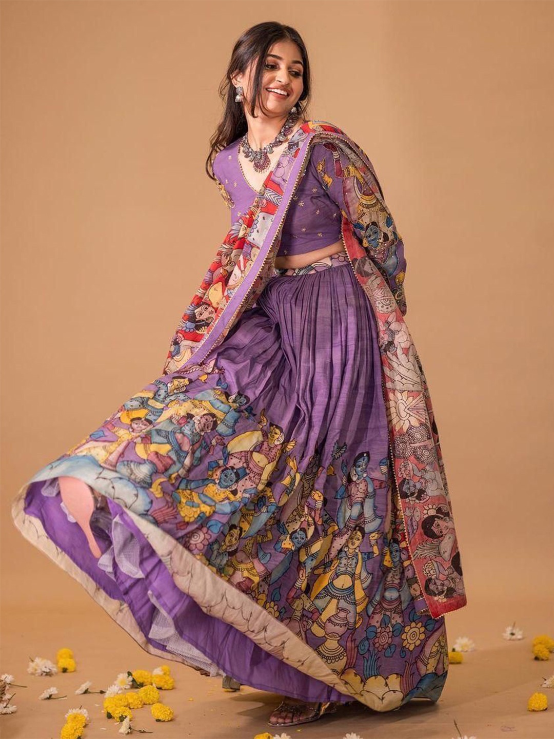 

ZIBLON Printed Kalamkari Printed Ready to Wear Lehenga & Unstitched Blouse With Dupatta, Purple