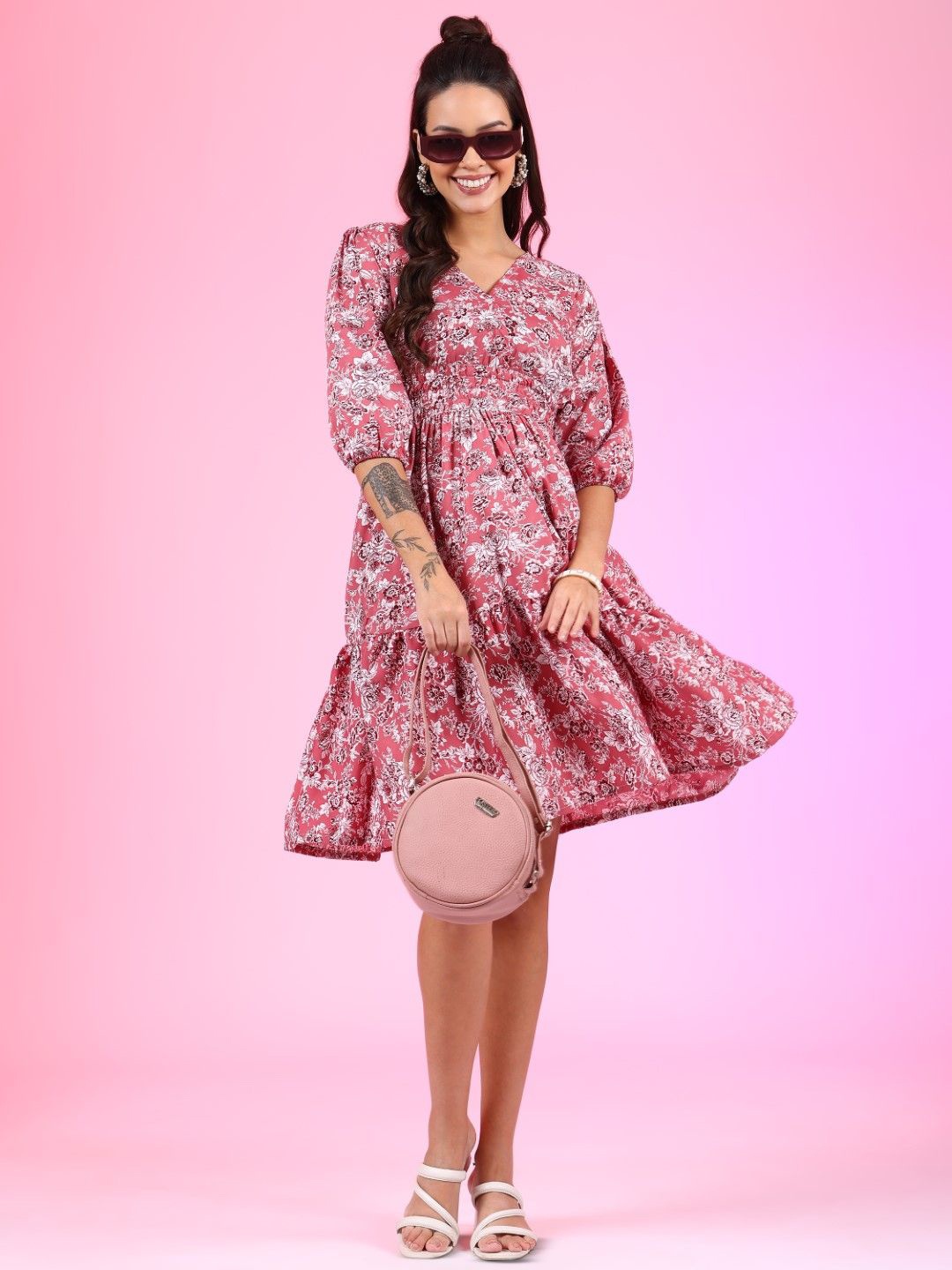 

Krunal Raiyani Women Floral Printed Fit & Flare Knee Length Dress, Pink