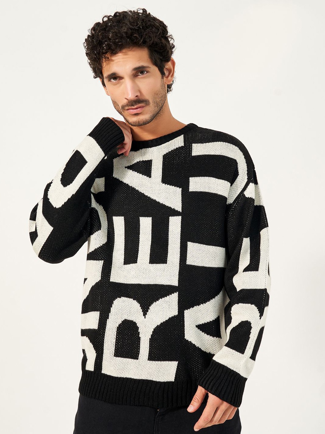 

Styli Men Alphabet Patterned Oversized Fit Crew Neck Sweater, Black