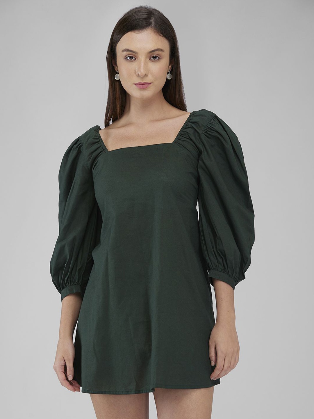 

IZEL Women Square Neck Cotton A-Line Mini Dress, Green