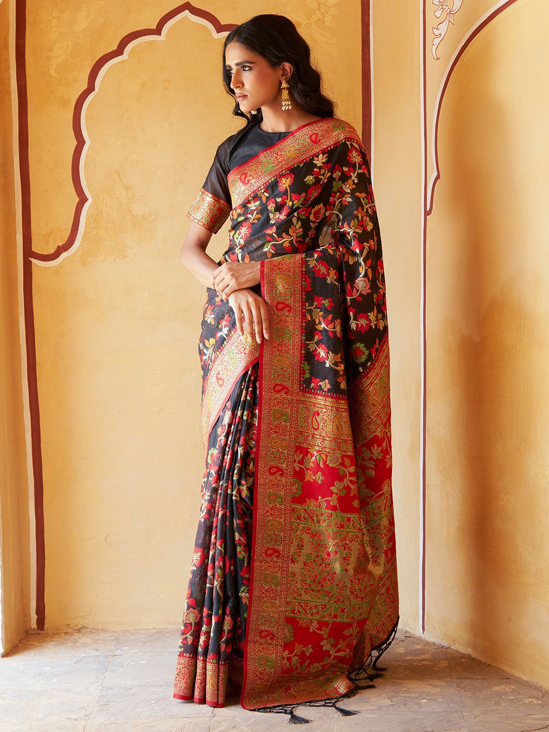 

KALINI Black Chanderi Silk Pashmina Saree with Unstitched Blouse Piece