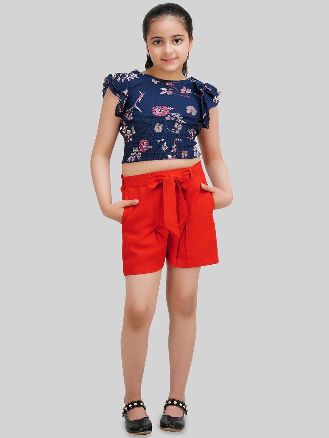 

BEING NAUGHTY Girls Printed Short Sleeves Top With Shorts, Navy blue