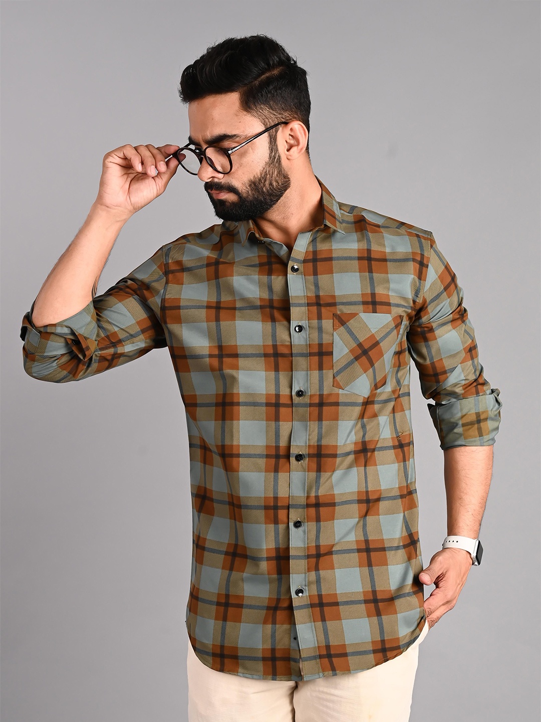 

Tanip Men Sheer Checked Casual Shirt, Orange