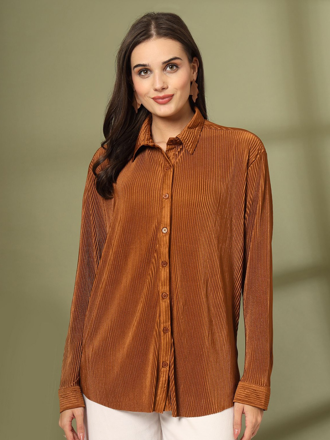 

plusS Women Spread Collar Textured Casual Shirt, Brown