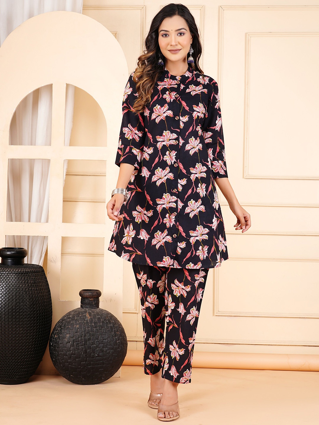 

Lovista Floral Printed Pure Cotton Tunic & Trousers, Black