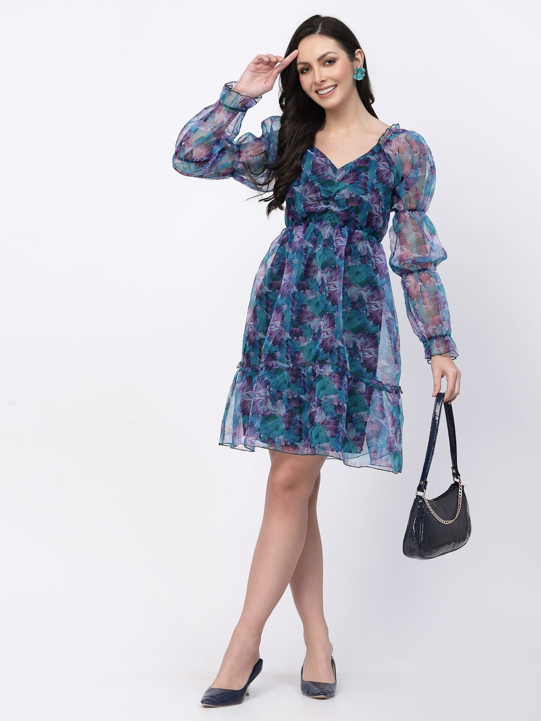 

Fabway Clothing Floral Print Puff Sleeve Fit & Flare Dress, Blue