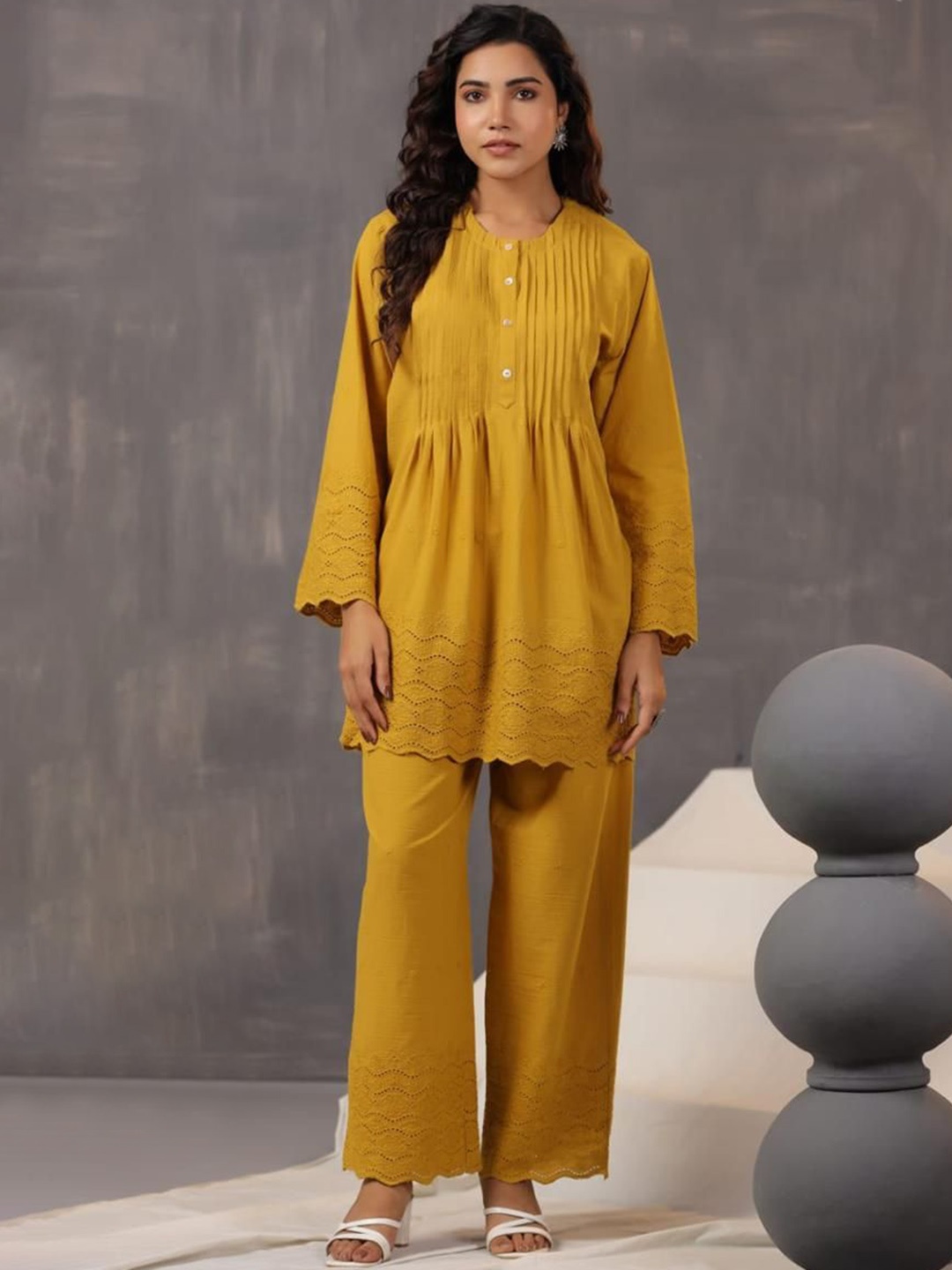 

KALINI Self Design Round Neck Long Sleeves Pure Cotton Top With Palazzo, Mustard