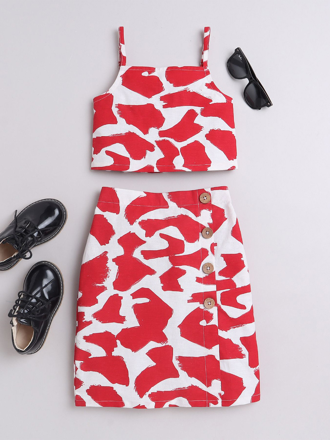 

taffykids Girls Printed Shoulder Straps Sleeveless Linen Top With Skirt, Red