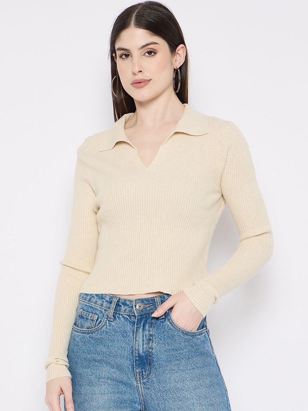 

Camey Women Woollen Crop Pullover, Cream