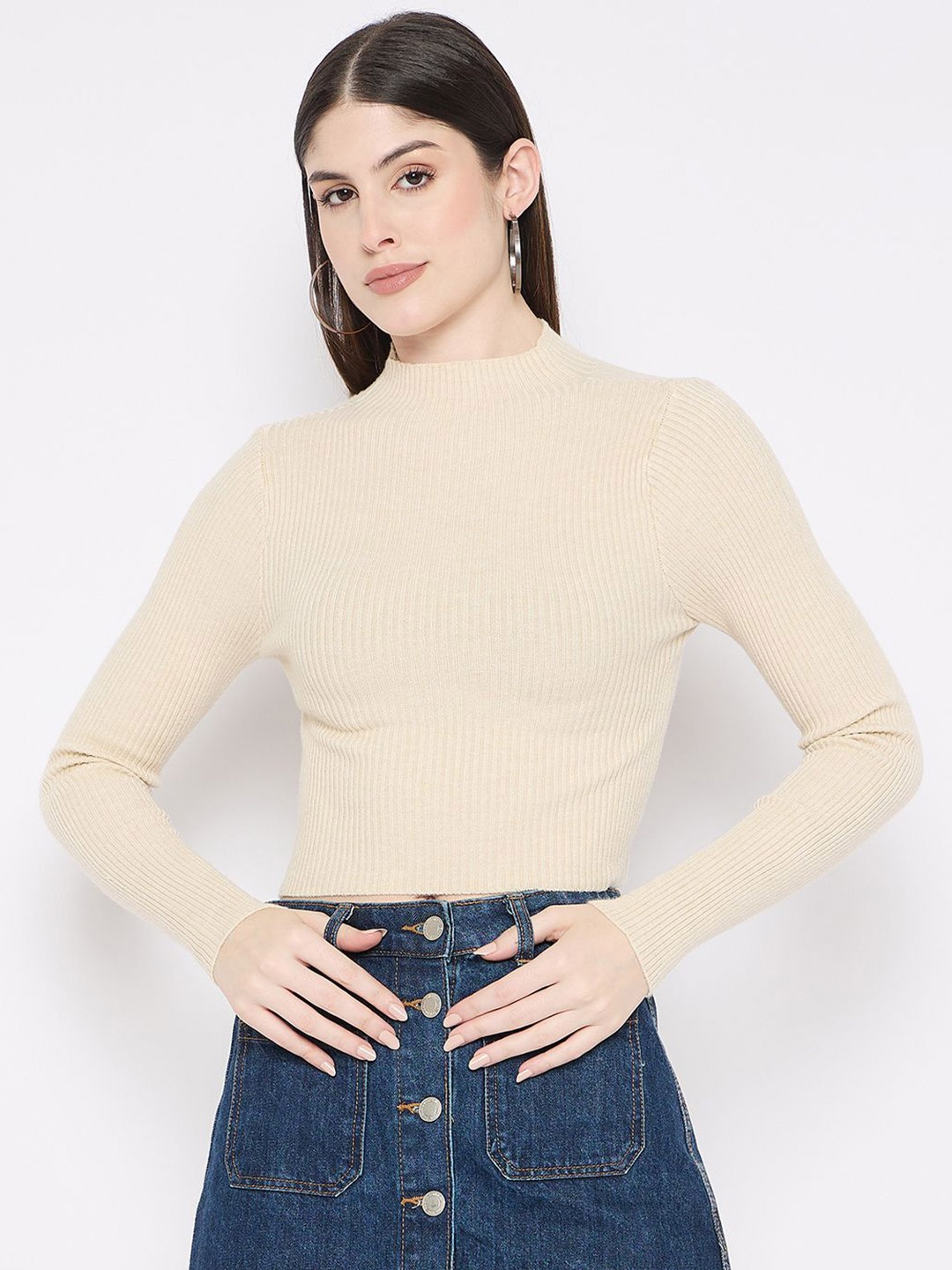 

Camey Women Woollen Ribbed Crop Pullover Sweater, Cream