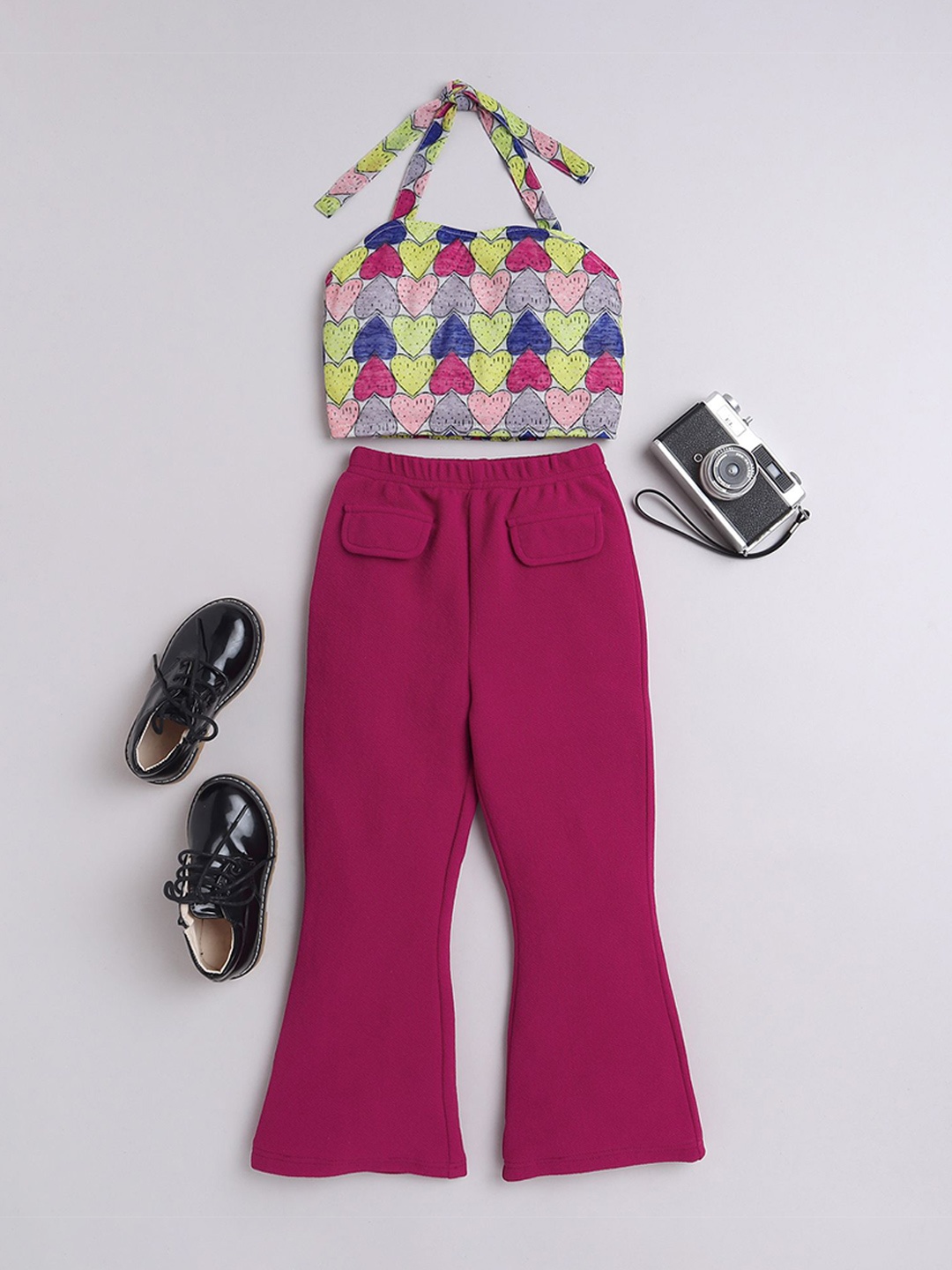 

taffykids Girls Heart Printed Halter Neck Crop Top With Trousers, Pink