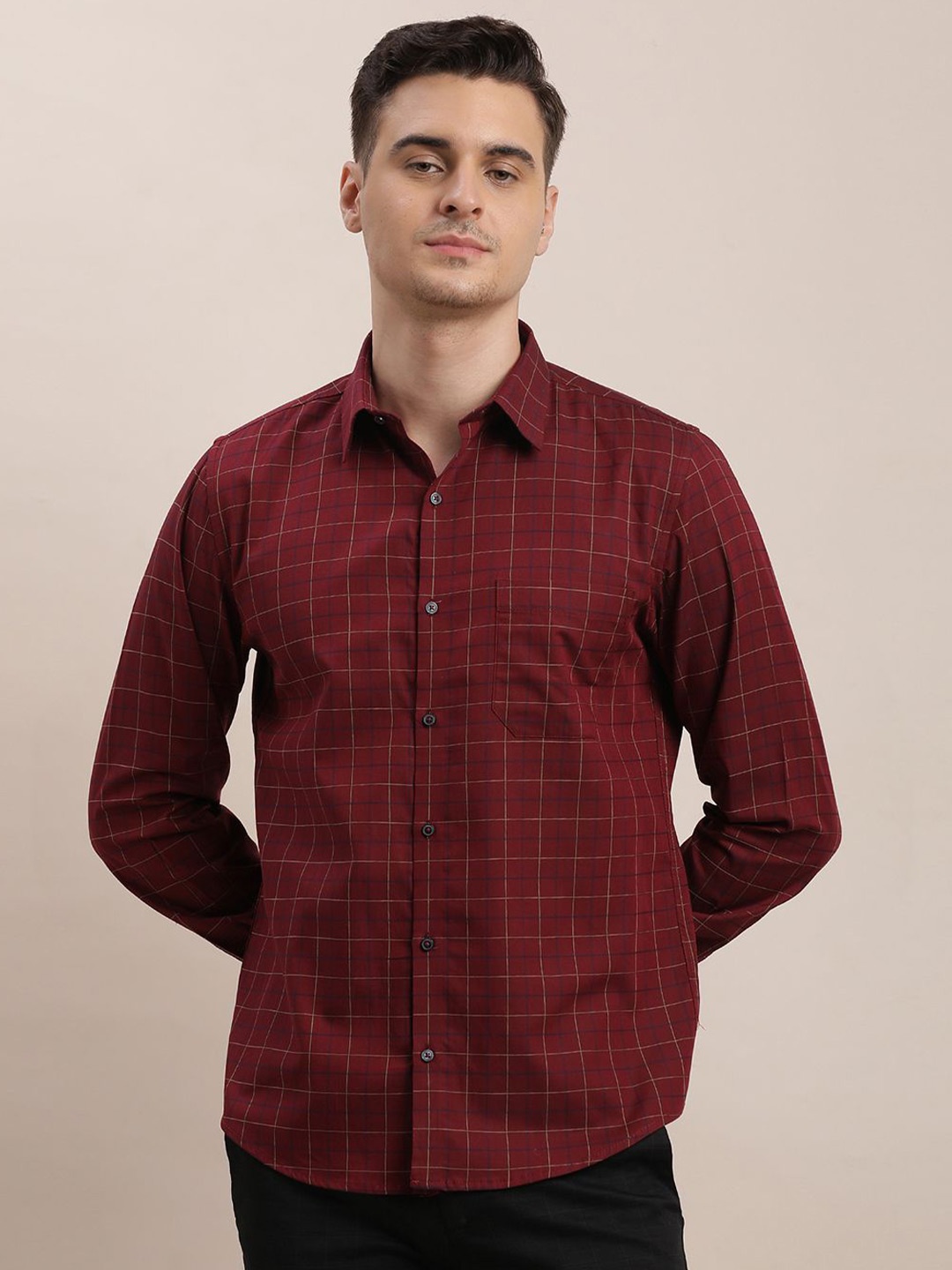 

Turtle Men Standard Spread Collar Checked Cotton Formal Shirt, Maroon