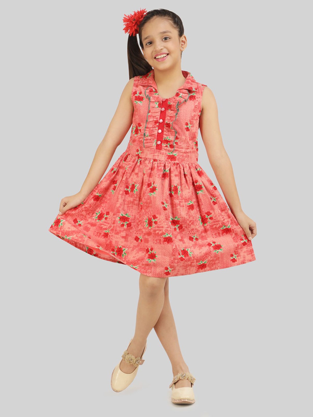 

BEING NAUGHTY Girls Floral Printed Fit & Flare Knee Length Dress, Red