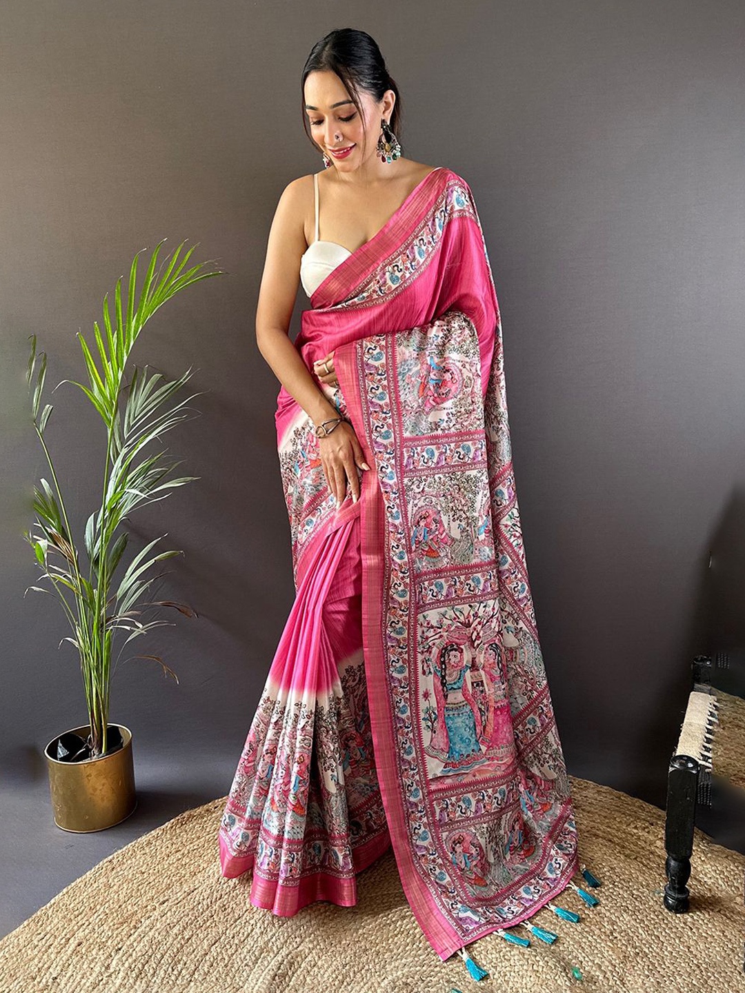 

Kalista Ethnic Motifs Silk Blend Tussar Saree, Pink